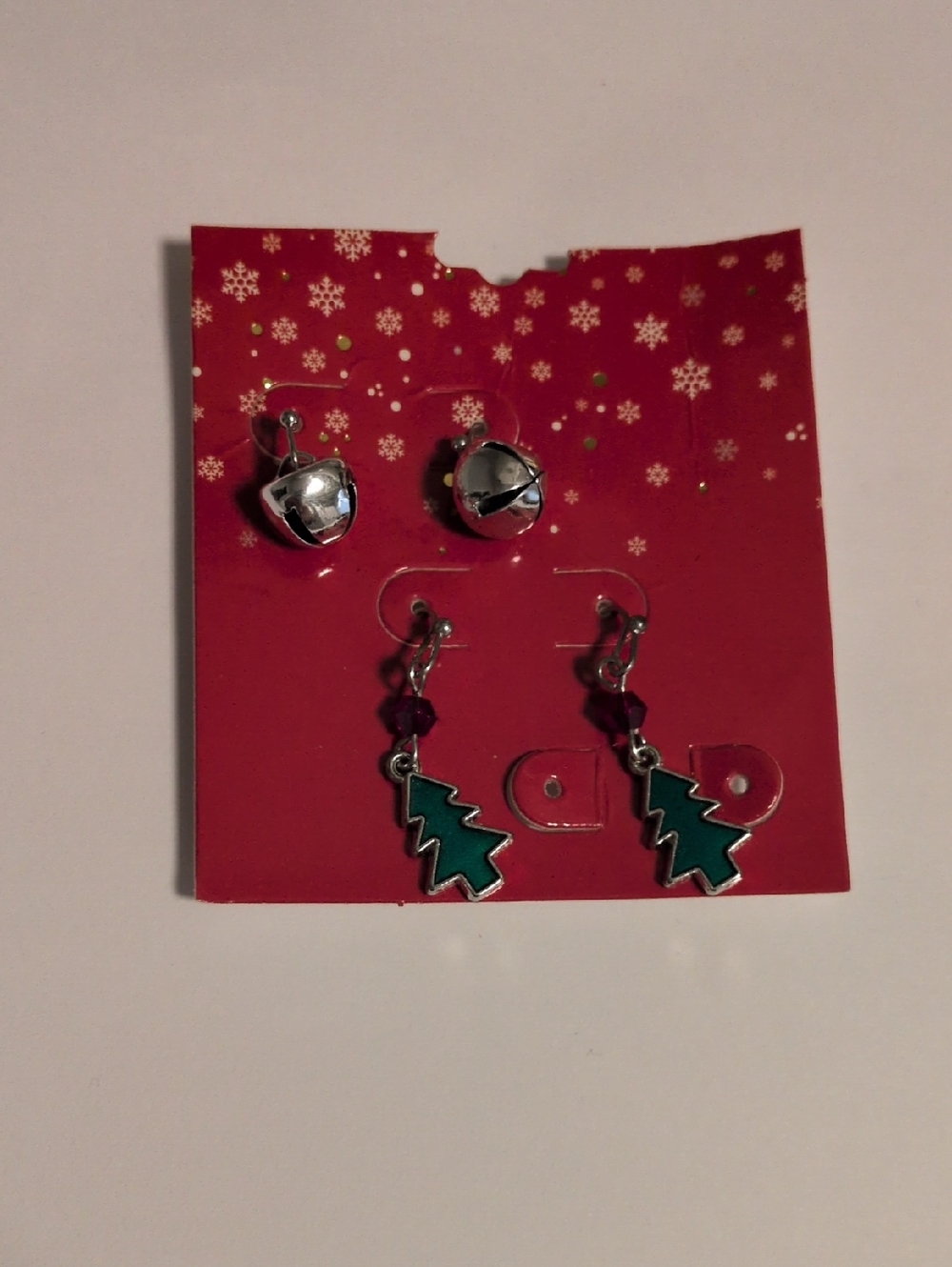 Green Christmas Tree Dangle Earrings with Silver Bells
